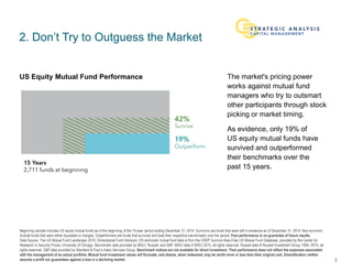Beginning sample includes US equity mutual funds as of the beginning of the 15-year period ending December 31, 2014. Survivors are funds that were still in existence as of December 31, 2014. Non-survivors
include funds that were either liquidated or merged. Outperformers are funds that survived and beat their respective benchmarks over the period. Past performance is no guarantee of future results.
Data Source: The US Mutual Fund Landscape 2015, Dimensional Fund Advisors. US-domiciled mutual fund data is from the CRSP Survivor-Bias-Free US Mutual Fund Database, provided by the Center for
Research in Security Prices, University of Chicago. Benchmark data provided by MSCI, Russell, and S&P. MSCI data © MSCI 2015, all rights reserved. Russell data © Russell Investment Group 19952015, all
rights reserved. S&P data provided by Standard & Poor’s Index Services Group. Benchmark indices are not available for direct investment. Their performance does not reflect the expenses associated
with the management of an actual portfolio. Mutual fund investment values will fluctuate, and shares, when redeemed, may be worth more or less than their original cost. Diversification neither
assures a profit nor guarantees against a loss in a declining market.
2. Don’t Try to Outguess the Market
The market's pricing power
works against mutual fund
managers who try to outsmart
other participants through stock
picking or market timing.
As evidence, only 19% of
US equity mutual funds have
survived and outperformed
their benchmarks over the
past 15 years.
2
US Equity Mutual Fund Performance
 