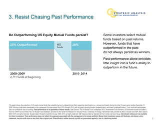 The graph shows the proportion of US equity mutual funds that outperformed and underperformed their respective benchmarks (i.e., winners and losers) during the initial 10-year period ending December 31,
2009. Winning funds were reevaluated in the subsequent five-year period from 2010 through 2014, with the graph showing winners (outperformers) and losers (underperformers). Fund count and percentages
may not correspond due to rounding. Past performance is no guarantee of future results. Data Source: The US Mutual Fund Landscape 2015, Dimensional Fund Advisors. US-domiciled mutual fund data is
from the CRSP Survivor-Bias-Free US Mutual Fund Database, provided by the Center for Research in Security Prices, University of Chicago. Benchmark data provided by MSCI, Russell, and S&P. MSCI data ©
MSCI 2015, all rights reserved. Russell data © Russell Investment Group 1995–2015, all rights reserved. S&P data provided by Standard & Poor’s Index Services Group. Benchmark indices are not available
for direct investment. Their performance does not reflect the expenses associated with the management of an actual portfolio. Mutual fund investment values will fluctuate, and shares, when
redeemed, may be worth more or less than their original cost. Diversification neither assures a profit nor guarantees against a loss in a declining market.
3. Resist Chasing Past Performance
Some investors select mutual
funds based on past returns.
However, funds that have
outperformed in the past
do not always persist as winners.
Past performance alone provides
little insight into a fund’s ability to
outperform in the future.
3
Do Outperforming US Equity Mutual Funds persist?
 