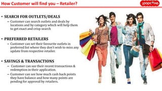 How Customer will find you – Retailer?
• SEARCH FOR OUTLETS/DEALS
– Customer can search outlets and deals by
locations and by category which will help them
to get exact and crisp search
• PREFERRED RETAILERS
– Customer can set their favourite outlets in
preferred list where they don't wish to miss any
update from respective retailer.
• SAVINGS & TRANSACTIONS
– Customer can see their recent transactions &
redemption in their application.
– Customer can see how much cash back points
they have balance and how many points are
pending for approval by retailers.
 