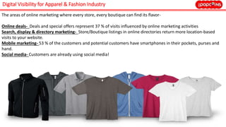 Digital Visibility for Apparel & Fashion Industry
The areas of online marketing where every store, every boutique can find its flavor-
Online deals- Deals and special offers represent 37 % of visits influenced by online marketing activities
Search, display & directory marketing- Store/Boutique listings in online directories return more location-based
visits to your website.
Mobile marketing- 53 % of the customers and potential customers have smartphones in their pockets, purses and
hand.
Social media- Customers are already using social media!
 