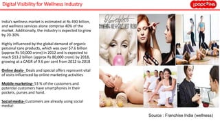 Digital Visibility for Wellness Industry
India’s wellness market is estimated at Rs 490 billion,
and wellness services alone comprise 40% of the
market. Additionally, the industry is expected to grow
by 20-30%
Highly influenced by the global demand of organic
personal care products, which was over $7.6 billion
(approx Rs 50,000 crore) in 2012 and is expected to
reach $13.2 billion (approx Rs 80,000 crore) by 2018,
growing at a CAGR of 9.6 per cent from 2012 to 2018
Online deals- Deals and special offers represent vital
of visits influenced by online marketing activities
Mobile marketing- 53 % of the customers and
potential customers have smartphones in their
pockets, purses and hand.
Social media- Customers are already using social
media!
Source : Franchise India (wellness)
 
