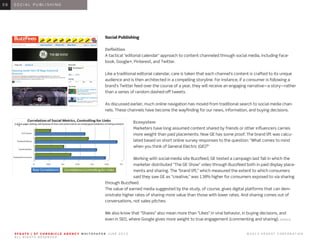 0 1 I N T R O D U C T I O N0 1
Social Publishing
Definition
A tactical “editorial calendar” approach to content channeled through social media, including Face-
book, Google+, Pinterest, and Twitter.
Like a traditional editorial calendar, care is taken that each channel’s content is crafted to its unique
audience and is then architected in a compelling storyline. For instance, if a consumer is following a
brand’s Twitter feed over the course of a year, they will receive an engaging narrative—a story—rather
than a series of random dashed-off tweets.
As discussed earlier, much online navigation has moved from traditional search to social media chan-
nels. These channels have become the wayfinding for our news, information, and buying decisions.
Ecosystem
Marketers have long assumed content shared by friends or other influencers carries
more weight than paid placements. Now GE has some proof. The brand lift was calcu-
lated based on short online survey responses to the question: “What comes to mind
when you think of General Electric (GE)?”
Working with social-media site Buzzfeed, GE tested a campaign last fall in which the
marketer distributed “The GE Show” video through Buzzfeed both in paid display place-
ments and sharing. The “brand lift,” which measured the extent to which consumers
said they saw GE as “creative,” was 138% higher for consumers exposed to via sharing
through Buzzfeed.
The value of earned media suggested by the study, of course, gives digital platforms that can dem-
onstrate higher rates of sharing more value than those with lower rates. And sharing comes out of
conversations, not sales pitches.
We also know that “Shares” also mean more than “Likes” in viral behavior, in buying decisions, and
even in SEO, where Google gives more weight to true engagement (commenting and sharing). (GOOGLE)
0 6 S O C I A L P U B L I S H I N G0 6
S F G AT E | S F C H R O N I C L E A G E N C Y W H I T E PA P E R J U N E 2 0 1 3 							 © 2 0 1 3 H E A R S T C O R P O R AT I O N .
A L L R I G H T S R E S E R V E D .
 