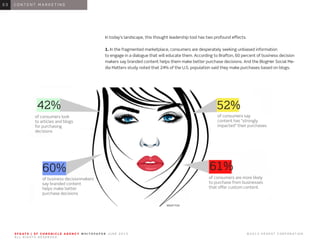 S F G AT E | S F C H R O N I C L E A G E N C Y W H I T E PA P E R J U N E 2 0 1 3 							 © 2 0 1 3 H E A R S T C O R P O R AT I O N .
A L L R I G H T S R E S E R V E D .
0 1 I N T R O D U C T I O N0 1
In today’s landscape, this thought leadership tool has two profound effects.
1. In the fragmented marketplace, consumers are desperately seeking unbiased information
to engage in a dialogue that will educate them. According to Brafton, 60 percent of business decision
makers say branded content helps them make better purchase decisions. And the BlogHer Social Me-
dia Matters study noted that 24% of the U.S. population said they make purchases based on blogs.
0 1 C O N T E N T M A R K E T I N G0 3
of consumers look
to articles and blogs
for purchasing
decisions
of business decisionmakers
say branded content
helps make better
purchase decisions
of consumers say
content has “strongly
impacted” their purchases
of consumers are more likely
to purchase from businesses
that offer custom content.
42%
60%
52%
61%
 