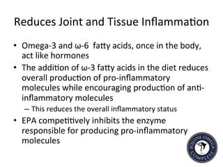 Reduces	
  Joint	
  and	
  Tissue	
  Inﬂamma5on	
  
•  Omega-­‐3	
  and	
  ω-­‐6	
  	
  faIy	
  acids,	
  once	
  in	
  the	
  body,	
  
act	
  like	
  hormones	
  
•  The	
  addi5on	
  of	
  ω-­‐3	
  faIy	
  acids	
  in	
  the	
  diet	
  reduces	
  
overall	
  produc5on	
  of	
  pro-­‐inﬂammatory	
  
molecules	
  while	
  encouraging	
  produc5on	
  of	
  an5-­‐
inﬂammatory	
  molecules	
  
–  This	
  reduces	
  the	
  overall	
  inﬂammatory	
  status	
  
•  EPA	
  compe55vely	
  inhibits	
  the	
  enzyme	
  
responsible	
  for	
  producing	
  pro-­‐inﬂammatory	
  
molecules	
  
 