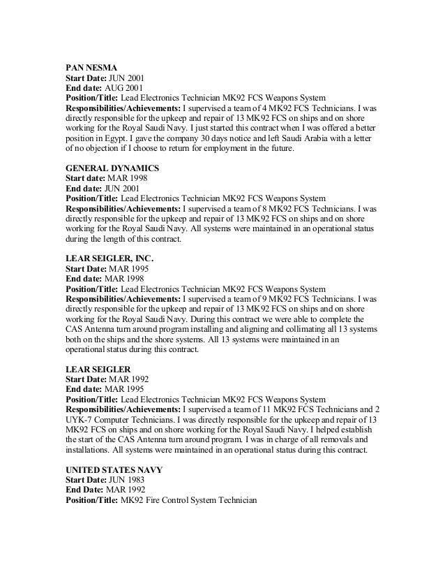sample resume for electronics technician