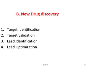 21/8/11 14
B. New Drug discovery
1. Target Identification
2. Target validation
3. Lead Identification
4. Lead Optimization
 