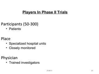 21/8/11 37
Players In Phase II Trials
Participants (50-300)
• Patients
Place
• Specialized hospital units
• Closely monitored
Physician
• Trained investigators
 