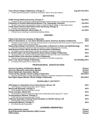 Tutor, Illinois College of Optometry, Chicago, IL Aug 2011-Oct 2013
 Tutored optometry students in optometric procedures, optics, and ocular anatomy.
ACTIVITIES
CURE Chicago Medical Screening, Chicago, IL Sep 2015
 Volunteer in vision screening to promote free specialty medical services to an underserved population.
Fellowship of Christian Optometrists Mission Trip, Tegucigulpa, Honduras Feb 2015
 Provided vision exams and spectacle to those in needs throughout villages in Tegucigulpa region.
A Safe Haven Veterans Stand Down Vision Screening, Chicago, IL Jul 2014
 Provided vision screenings to veterans.
Chicago Special Olympics, Bloomington, IL Jun 2012
 Provided vision screenings to potential participating athletes.
HONORS
Fellow of the American Academy of Optometry 2015
Alfred A. Rosenbloom Jr. Low Vision Residency Award, American Academy of Optometry 2015
 Prestigious award granted to individual showing promise in promoting the field of low vision by means of practice,
teaching, research, and community service.
National Eye Institute Travel Grant, The Association of Research in Vision and Ophthalmology 2015
 Prominent travel grant awarded to select few based on presentation approval at meeting.
ISPB Research Grant, Illinois Society for the Prevention of Blindness 2014
 Competitive grant awarded based on quality and relevance of research project.
Dr. Derrald Taylor Low Vision Residency Award, Illinois College of Optometry 2014
 Award granted to an individual showing great potential in the field of low vision rehabilitation.
Student Fellow of the American Academy of Optometry 2013
 Granted to individuals showing passion and commitment to the field of optometry.
Dean’s List, Illinois College of Optometry Oct 2010-May 2013
 Cumulative GPA greater than or equal to 3.50
PROFESSIONAL ASSOCIATIONS
American Academy of Optometry, Member Present
American Optometric Association, Member Present
Illinois Optometric Association, Member Present
Tomb and Key, Member, Illinois College of Optometry 2013-2014
 Exclusive membership in society showcasing excellence in optometric leadership and academics.
Beta Sigma Kappa, Member, Illinois College of Optometry 2012-2014
SCHOLARLY ACTIVITY
GPS Usage in a Population of Low Vision Drivers, Denver, CO 2015
 ARVO Research Poster Presentation 2015-1
st
Author
Misery with Dystrophy, Chicago, IL 2015
 COPE #44460-Continuing Education Course
Flecks and Spec, Atlanta, GA 2015
 South Eastern Council of Optometry (SECO) 2015 Multimedia Poster Session-2
nd
Author
Oculocutaneous Albinism, Chicago, IL 2015
 COPE #43722-Continuing Education Course
A Macular Dystrophy Involving Foveal Cavitation on SD-OCT, Denver, CO 2014
 AAO Residency Poster Presentation
A Dystrophy Mystery, Chicago, IL 2014
 ICO Grand Rounds Presentation
LICENSING CREDENTIALS
Illinois Optometry License Present
Drug Enforcement Administration (DEA) License Present
CPR Certified Present
 