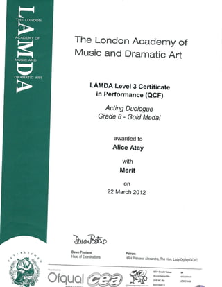 LAMDA Acting Duo Gold Certificate