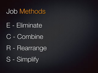 Job Methods 
E - Eliminate 
C - Combine 
R - Rearrange 
S - Simplify 
 