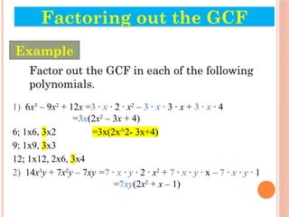 Factor out the GCF in each of the following
polynomials.
1) 6x3
– 9x2
+ 12x =3 · x · 2 · x2
– 3 · x · 3 · x + 3 · x · 4
=3x(2x2
– 3x + 4)
6; 1x6, 3x2 =3x(2x^2- 3x+4)
9; 1x9, 3x3
12; 1x12, 2x6, 3x4
2) 14x3
y + 7x2
y – 7xy =7 · x · y · 2 · x2
+ 7 · x · y · x – 7 · x · y · 1
=7xy(2x2
+ x – 1)
Factoring out the GCF
Example
 