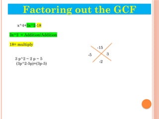 Factoring out the GCF
x^4+3x^2-18
3x^2 = Addition/Addition
18= multiply
3 p^2 − 2 p − 5
(3p^2-5p)+(3p-5)
-15
-2
-5 3
 