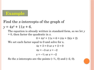 Find the x-intercepts of the graph of
y = 4x2
+ 11x + 6.
The equation is already written in standard form, so we let y
= 0, then factor the quadratic in x.
0 = 4x2
+ 11x + 6 = (4x + 3)(x + 2)
We set each factor equal to 0 and solve for x.
4x + 3 = 0 or x + 2 = 0
4x = –3 or x = –2
x = –¾ or x = –2
So the x-intercepts are the points (–¾, 0) and (–2, 0).
Example
 