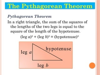 Pythagorean Theorem
In a right triangle, the sum of the squares of
the lengths of the two legs is equal to the
square of the length of the hypotenuse.
(leg a)2
+ (leg b)2
= (hypotenuse)2
leg a
hypotenuse
leg b
The Pythagorean Theorem
 