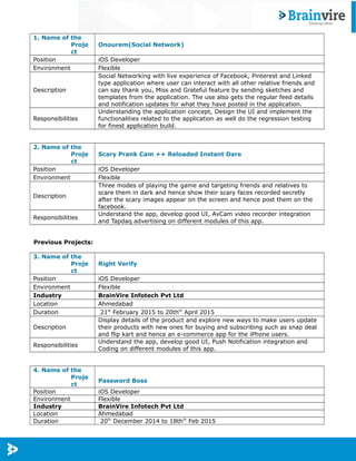 1. Name of the
Proje
ct
Onourem(Social Network)
Position iOS Developer
Environment Flexible
Description
Social Networking with live experience of Facebook, Pinterest and Linked
type application where user can interact with all other relative friends and
can say thank you, Miss and Grateful feature by sending sketches and
templates from the application. The use also gets the regular feed details
and notification updates for what they have posted in the application.
Responsibilities
Understanding the application concept, Design the UI and implement the
functionalities related to the application as well do the regression testing
for finest application build.
2. Name of the
Proje
ct
Scary Prank Cam ++ Reloaded Instant Dare
Position iOS Developer
Environment Flexible
Description
Three modes of playing the game and targeting friends and relatives to
scare them in dark and hence show their scary faces recorded secretly
after the scary images appear on the screen and hence post them on the
facebook.
Responsibilities
Understand the app, develop good UI, AvCam video recorder integration
and Tapdaq advertising on different modules of this app.
Previous Projects:
3. Name of the
Proje
ct
Right Verify
Position iOS Developer
Environment Flexible
Industry BrainVire Infotech Pvt Ltd
Location Ahmedabad
Duration 21st
February 2015 to 20thth
April 2015
Description
Display details of the product and explore new ways to make users update
their products with new ones for buying and subscribing such as snap deal
and flip kart and hence an e-commerce app for the iPhone users.
Responsibilities
Understand the app, develop good UI, Push Notification integration and
Coding on different modules of this app.
4. Name of the
Proje
ct
Password Boss
Position iOS Developer
Environment Flexible
Industry BrainVire Infotech Pvt Ltd
Location Ahmedabad
Duration 20th
December 2014 to 18thth
Feb 2015
 
