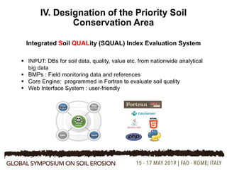 15
IV. Designation of the Priority Soil
Conservation Area
Integrated Soil QUALity (SQUAL) Index Evaluation System
 INPUT: DBs for soil data, quality, value etc. from nationwide analytical
big data
 BMPs : Field monitoring data and references
 Core Engine: programmed in Fortran to evaluate soil quality
 Web Interface System : user-friendly
 