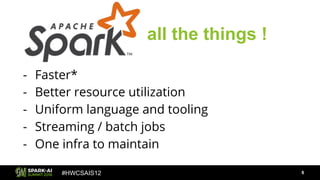 #HWCSAIS12
all the things !
- Faster*
- Better resource utilization
- Uniform language and tooling
- Streaming / batch jobs
- One infra to maintain
6
 