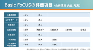 心嚢液貯留 □なし □あり
心タンポナーデ □なし □あり
左室拡大 □なし □あり
左室収縮能 □正常 □軽度低下 □重度低下 □過収縮 □心停止
右室拡大 □なし □あり
下大静脈径 □正常 □拡大 □虚脱
下大静脈の
呼吸性変動
□正常 □減弱 □消失
一般社団法人日本心エコー図学会の「心臓および肺Point-of-Care超音波検査の実施と活用,教育に関する手引き」より引用
Basic FoCUSの評価項目（山田博胤 先生 考案）
 