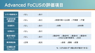 Advanced FoCUSの評価項目
上行大動脈拡大 □なし □あり
左室局所壁
運動異常
□なし □あり □前壁中隔～心尖部 □下側壁 □下壁
左室肥大 □なし □あり □対称 □非対称
左房拡大 □なし □あり
重度弁膜症
シャント
□なし □あり
□重症MR □重症MS □重度AS □重度AR
□VSD/心室中隔穿孔 □ASD
異常構造物 □正常 □拡大 □血栓 □腫瘍 □疣贅
左室駆出率
（Eye ball）
％（10%刻みずつ駆出率が推定できる）
 
