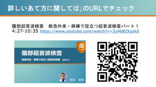 詳しいあて方に関しては↓のURLでチェック
腹部超音波検査 救急外来・病棟で役立つ超音波検査パート１
4:27-10:35 https://www.youtube.com/watch?v=2y4bBZkpzk0
 