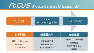 FoCUS
Limited
echocardiography Full study
非専門医 循環器内科 検査技師
限定したプロトコル
Bmodeだけ
ベットサイド
超音波の専門家
必要な所見のみ
種々の計測も行う
包括的心エコー図検査
系統期走査
包括的プロトコル
検査室
FoCUS（Focus Cardiac Ultrasound）
 