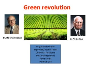 Green revolution
Dr. MS Swaminathan
Irrigation facilities
Improved/hybrid seeds
Chemical fertilizers
Pest management
Farm credit
Political will
Dr. NE Borlaug
 