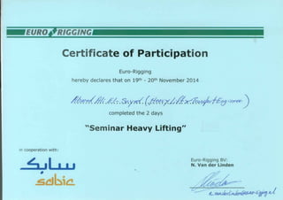 EURO.ffRIGGING 
Certificate of Participation 
Euro-Rigging 
hereby declares that on 19th - 20th November 2014 
d'~&.e.c(,9 1.-.f.!:- .S .,y.d. (/lttt?~7 £- /l& -w)'/ fEeJ ,/ ]eeh) 
completed the 2 days 
''Seminar Heavy Lifting" 
in cooperation with: 
Euro-Rigging BV: 
N. Van der Linden 
 