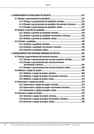 ÍNDICE
VI ©2013 Project Management Institute. Um Guia do Conhecimento em Gerenciamento de Projetos (Guia PMBOK®
) — Quinta Edição
8. GERENCIAMENTO DA QUALIDADE DO PROJETO...............................................................227
8.1 Planejar o gerenciamento da qualidade................................................................. 231
8.1.1 Planejar o gerenciamento da qualidade: entradas.................................... 233
	 8.1.2 Planejar o gerenciamento da qualidade: ferramentas e técnicas............. 235
8.1.3 Planejar o gerenciamento da qualidade: saídas........................................ 241
8.2 Realizar a garantia da qualidade............................................................................ 242
8.2.1 Realizar a garantia da qualidade: entradas............................................... 244
8.2.2 Realizar a garantia da qualidade: ferramentas e técnicas....................... 245
8.2.3 Realizar a garantia da qualidade: saídas................................................... 247
8.3 Controlar a qualidade.............................................................................................. 248
8.3.1 Controlar a qualidade: entradas................................................................. 250
8.3.2 Controlar a qualidade: ferramentas e técnicas......................................... 252
8.3.3 Controlar a qualidade: saídas..................................................................... 252
9. GERENCIAMENTO DOS RECURSOS HUMANOS DO PROJETO............................................255
9.1 Planejar o gerenciamento dos recursos humanos................................................. 258
9.1.1 Planejar o gerenciamento dos recursos humanos: entradas.................... 259
9.1.2 Planejar o gerenciamento dos recursos humanos:
Ferramentas e técnicas.............................................................................. 261
9.1.3 Planejar o gerenciamento dos recursos humanos: saídas....................... 264
9.2 Mobilizar a equipe do projeto................................................................................. 267
9.2.1 Mobilizar a equipe do projeto: entradas.................................................... 269
9.2.2 Mobilizar a equipe do projeto: ferramentas e técnicas............................. 270
9.2.3 Mobilizar a equipe do projeto: saídas........................................................ 272
9.3 Desenvolver a equipe do projeto............................................................................ 273
9.3.1 Desenvolver a equipe do projeto: entradas................................................ 274
9.3.2 Desenvolver a equipe do projeto: ferramentas e técnicas........................ 275
9.3.3 Desenvolver a equipe do projeto: saídas................................................... 278
9.4 Gerenciar a equipe do projeto................................................................................. 279
9.4.1 Gerenciar a equipe do projeto: entradas.................................................... 281
9.4.2 Gerenciar a equipe do projeto: ferramentas e técnicas............................ 282
9.4.3 Gerenciar a equipe do projeto: saídas........................................................ 284
 