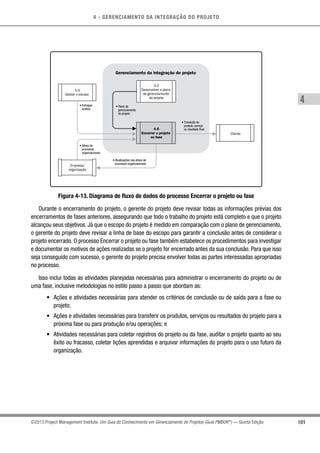 4 - GERENCIAMENTO DA INTEGRAÇÃO DO PROJETO
4
101©2013 Project Management Institute. Um Guia do Conhecimento em Gerenciamento de Projetos (Guia PMBOK®
) — Quinta Edição
• Project
charter
4.6
Encerrar o projeto
ou fase
4.2
Desenvolver o plano
de gerenciamento
do projeto
Gerenciamento da integração do projeto
Empresa/
organização
Cliente
5.5
Validar o escopo
• Plano de
gerenciamento
do projeto
• Entregas
aceitas
• Ativos de
processos
organizacionais
• Atualizações nos ativos de
processos organizacionais
• Transição do
produto, serviço
ou resultado final
Figura 4-13. Diagrama de fluxo de dados do processo Encerrar o projeto ou fase
Durante o encerramento do projeto, o gerente do projeto deve revisar todas as informações prévias dos
encerramentos de fases anteriores, assegurando que todo o trabalho do projeto está completo e que o projeto
alcançou seus objetivos. Já que o escopo do projeto é medido em comparação com o plano de gerenciamento,
o gerente do projeto deve revisar a linha de base do escopo para garantir a conclusão antes de considerar o
projeto encerrado. O processo Encerrar o projeto ou fase também estabelece os procedimentos para investigar
e documentar os motivos de ações realizadas se o projeto for encerrado antes da sua conclusão. Para que isso
seja conseguido com sucesso, o gerente do projeto precisa envolver todas as partes interessadas apropriadas
no processo.
Isso inclui todas as atividades planejadas necessárias para administrar o encerramento do projeto ou de
uma fase, inclusive metodologias no estilo passo a passo que abordam as:
•	 Ações e atividades necessárias para atender os critérios de conclusão ou de saída para a fase ou
projeto;
•	 Ações e atividades necessárias para transferir os produtos, serviços ou resultados do projeto para a
próxima fase ou para produção e/ou operações; e
•	 Atividades necessárias para coletar registros do projeto ou da fase, auditar o projeto quanto ao seu
êxito ou fracasso, coletar lições aprendidas e arquivar informações do projeto para o uso futuro da
organização.
 