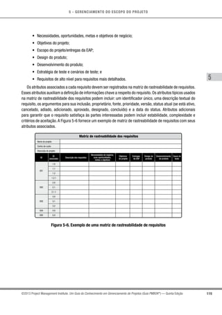 5 - GERENCIAMENTO DO ESCOPO DO PROJETO
5
119©2013 Project Management Institute. Um Guia do Conhecimento em Gerenciamento de Projetos (Guia PMBOK®
) — Quinta Edição
•	 Necessidades, oportunidades, metas e objetivos de negócio;
•	 Objetivos do projeto;
•	 Escopo do projeto/entregas da EAP;
•	 Design do produto;
•	 Desenvolvimento do produto;
•	 Estratégia de teste e cenários de teste; e
•	 Requisitos de alto nível para requisitos mais detalhados.
Os atributos associados a cada requisito devem ser registrados na matriz de rastreabilidade de requisitos.
Esses atributos auxiliam a definição de informações chave a respeito do requisito. Os atributos típicos usados
na matriz de rastreabilidade dos requisitos podem incluir: um identificador único, uma descrição textual do
requisito, os argumentos para sua inclusão, proprietário, fonte, prioridade, versão, status atual (se está ativo,
cancelado, adiado, adicionado, aprovado, designado, concluído) e a data do status. Atributos adicionais
para garantir que o requisito satisfaça às partes interessadas podem incluir estabilidade, complexidade e
critérios de aceitação.A Figura 5-6 fornece um exemplo de matriz de rastreabilidade de requisitos com seus
atributos associados.
Matriz de rastreabilidade dos requisitos
Descrição dos requisitosID
Necessidades do negócio,
suas oportunidades,
metas e objetivos
Objetivos
do projeto
ID
associado:
Entregas
de EAP
Design de
produto
Desenvolvimento
do produto
Casos de
teste
Programs PortfoliosNome do projeto:
Centro de custo:
Descrição do projeto:
1.0
1.1
1.2
1.2.1
2.0
2.1
2.1.1
3.0
3.1
3.2
4.0
5.0
001
002
003
004
005
Figura 5-6. Exemplo de uma matriz de rastreabilidade de requisitos
 