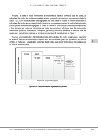 7 - GERENCIAMENTO DOS CUSTOS DO PROJETO
7
213©2013 Project Management Institute. Um Guia do Conhecimento em Gerenciamento de Projetos (Guia PMBOK®
) — Quinta Edição
A Figura 7-8 ilustra os vários componentes do orçamento do projeto e a linha de base dos custos. As
estimativas dos custos das atividades dos vários projetos juntamente com quaisquer reservas de contingência
(Seção 7.2.2.6) pois essas atividades estão agregadas nos seus custos de pacotes de trabalho associados. As
estimativas dos custos dos pacotes de trabalho juntamente com quaisquer reservas de contingência estimadas
para os pacotes de trabalho são agregadas às contas de controle. O somatório das contas de controle constitui
a linha de base dos custos. As estimativas dos custos que constituem a linha de base dos custos estão
diretamente ligadas às atividades do cronograma, permitindo uma visão referencial da linha de base dos
custos que é normalmente mostrada na forma de uma curva em S, como ilustrado na Figura 7.
Reservas gerenciais (Seção 7.2.2.6) são adicionadas à linha de base dos custos para produzir o orçamento
do projeto. À medida que as mudanças que justificam o uso das reservas gerenciais aparecem, o processo de
controle de mudanças é utilizado para a obtenção da aprovação para colocar os fundos de reserva aplicáveis
na linha de base dos custos.
Estimativas dos
custos das atividades
Reservas de
contingência das
atividades
Estimativas de custos
de pacotes de
trabalho
Reservas de
contingência
Linha de base
dos custos
Contas de
controle
Reserva
gerencial
Orçamento
do projeto
Componente do orçamento do projeto
Quantiatotal
Figura 7-8. Componentes do orçamento do projeto
 