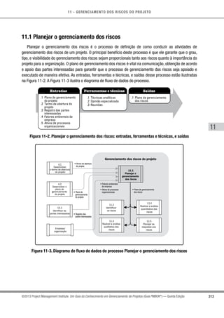 11 - GERENCIAMENTO DOS RISCOS DO PROJETO
313
11
©2013 Project Management Institute. Um Guia do Conhecimento em Gerenciamento de Projetos (Guia PMBOK®
) — Quinta Edição
11.1 Planejar o gerenciamento dos riscos
Planejar o gerenciamento dos riscos é o processo de definição de como conduzir as atividades de
gerenciamento dos riscos de um projeto. O principal benefício deste processo é que ele garante que o grau,
tipo, e visibilidade do gerenciamento dos riscos sejam proporcionais tanto aos riscos quanto à importância do
projeto para a organização. O plano de gerenciamento dos riscos é vital na comunicação, obtenção de acordo
e apoio das partes interessadas para garantir que o processo de gerenciamento dos riscos seja apoiado e
executado de maneira efetiva. As entradas, ferramentas e técnicas, e saídas desse processo estão ilustradas
na Figura 11-2. A Figura 11-3 ilustra o diagrama de fluxo de dados do processo.
Entradas Ferramentas e técnicas Saídas
.1 Plano de gerenciamento
do projeto
.2 Termo de abertura do
projeto
.3 Registro das partes
interessadas
.4 Fatores ambientais da
empresa
.5 Ativos de processos
organizacionais
.1 Técnicas analíticas
.2 Opinião especializada
.3 Reuniões
.1 Plano de gerenciamento
dos riscos
Figura 11-2. Planejar o gerenciamento dos riscos: entradas, ferramentas e técnicas, e saídas
Gerenciamento dos riscos do projeto
11.1
Planejar o
gerenciamento
dos riscos
• Termo de abertura
do projeto
• Registro das
partes interessadas
• Fatores ambientais
da empresa
• Ativos de processos
organizacionais
• Plano de gerenciamento
dos riscos• Plano de
gerenciamento
do projeto
4.2
Desenvolver o
plano de
gerenciamento
do projeto
11.2
Identificar
os riscos
11.3
Realizar a análise
qualitativa dos
riscos
11.4
Realizar a análise
quantitativa dos
riscos
11.5
Planejar as
respostas aos
riscos
13.1
Identificar as
partes interessadas
4.1
Desenvolver
o termo de abertura
do projeto
Empresa/
organização
Figura 11-3. Diagrama do fluxo do dados do processo Planejar o gerenciamento dos riscos
 