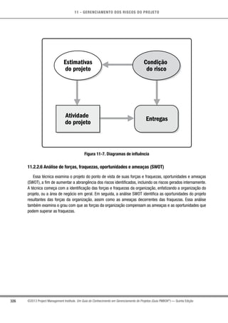 11 - GERENCIAMENTO DOS RISCOS DO PROJETO
326 ©2013 Project Management Institute. Um Guia do Conhecimento em Gerenciamento de Projetos (Guia PMBOK®
) — Quinta Edição
Atividade
do projeto
Estimativas
do projeto
Entregas
Condição
do risco
Figura 11-7. Diagramas de influência
11.2.2.6 Análise de forças, fraquezas, oportunidades e ameaças (SWOT)
Essa técnica examina o projeto do ponto de vista de suas forças e fraquezas, oportunidades e ameaças
(SWOT), a fim de aumentar a abrangência dos riscos identificados, incluindo os riscos gerados internamente.
A técnica começa com a identificação das forças e fraquezas da organização, enfatizando a organização do
projeto, ou a área de negócio em geral. Em seguida, a análise SWOT identifica as oportunidades do projeto
resultantes das forças da organização, assim como as ameaças decorrentes das fraquezas. Essa análise
também examina o grau com que as forças da organização compensam as ameaças e as oportunidades que
podem superar as fraquezas.
 