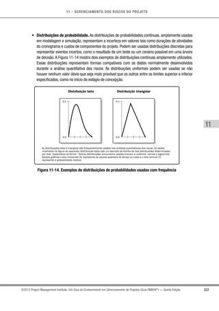 11 - GERENCIAMENTO DOS RISCOS DO PROJETO
337
11
©2013 Project Management Institute. Um Guia do Conhecimento em Gerenciamento de Projetos (Guia PMBOK®
) — Quinta Edição
•	 Distribuições de probabilidade. As distribuições de probabilidades contínuas, amplamente usadas
em modelagem e simulação, representam a incerteza em valores tais como durações de atividades
do cronograma e custos de componentes do projeto. Podem ser usadas distribuições discretas para
representar eventos incertos, como o resultado de um teste ou um cenário possível em uma árvore
de decisão. A Figura 11-14 mostra dois exemplos de distribuições contínuas amplamente utilizados.
Essas distribuições representam formas compatíveis com os dados normalmente desenvolvidos
durante a análise quantitativa dos riscos. As distribuições uniformes podem ser usadas se não
houver nenhum valor óbvio que seja mais provável que os outros entre os limites superior e inferior
especificados, como no início do estágio de concepção.
As distribuições beta e triangular são frequentemente usadas nas análises quantitativas dos riscos. Os dados
mostrados na figura da esquerda (distribuição beta) são um exemplo da família de tais distribuições determinadas
por dois “parâmetros de forma”. Outras distribuições comumente usadas incluem a uniforme, normal e lognormal.
Nesses gráficos o eixo horizontal (X) representa os valores possíveis de tempo ou custo e o eixo vertical (Y)
representa a probabilidade relativa.
Distribuição beta Distribuição triangular
0.1
0.0
0.1
0.0
Figura 11-14. Exemplos de distribuições de probabilidades usadas com frequência
 