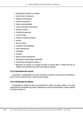 12 - GERENCIAMENTO DAS AQUISIÇÕES DO PROJETO
378 ©2013 Project Management Institute. Um Guia do Conhecimento em Gerenciamento de Projetos (Guia PMBOK®
) — Quinta Edição
•	 Especificação do trabalho ou resultados,
•	 Linha de base do cronograma,
•	 Relatórios de desempenho,
•	 Período de desempenho,
•	 Papéis e responsabilidades,
•	 Local de desempenho do fornecedor,
•	 Definição de preços,
•	 Condições de pagamento,
•	 Local de entrega,
•	 Critérios de inspeção e aceitação,
•	 Garantia,
•	 Apoio ao produto,
•	 Limitação de responsabilidade,
•	 Taxas e adiantamento,
•	 Penalidades,
•	 Incentivos,
•	 Seguros e seguros desempenho,
•	 Aprovações de subcontratadas subordinadas,
•	 Tratamento de solicitações de mudança, e
•	 Mecanismos de rescisão e de resolução alternativa de disputas (RAD). O método RAD pode ser
decidido com antecedência como parte da concessão da aquisição.
12.2.3.3 Calendários dos recursos
A quantidade e a disponibilidade de recursos contratados e as datas em que cada recurso específico ou
grupo de recursos pode estar ativo ou inativo são documentados.
12.2.3.4 Solicitações de mudança
As solicitações de mudança no plano de gerenciamento do projeto, nos planos auxiliares e em outros
componentes são processadas para revisão e disposição por meio do processo Realizar o controle integrado
de mudanças (Seção 4.5).
 