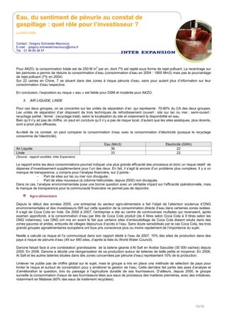 Eau, du sentiment de pénurie au constat de
gaspillage : quel rôle pour l’investisseur ?
Le 05/01/2009
Contact : Gregory Schneider-Maunoury
E-mail : gregory.schneidermaunoury@ionis.fr
Tél. : 01 46 84 38 47
15/16
Pour AKZO, la consommation totale est de 250 M m3
par an, dont 7% est rejeté sous forme de rejet polluant. Le recentrage sur
les peintures a permis de réduire la consommation d‘eau (consommation d’eau en 2004 : 1800 Mm3) mais pas le pourcentage
de rejet polluant (7% en 2004)
Sur 22 usines en Chine, 7 se situent dans des zones à risque pénurie d’eau, sans pour autant plus d’information sur leur
consommation d’eau respective.
En conclusion, l’exposition au risque « eau » est faible pour DSM et modérée pour AKZO.
3. AIR LIQUIDE, LINDE
Pour ces deux groupes, on se concentre sur les unités de séparation d’air, qui représente 70-80% du CA des deux groupes.
Les unités de séparation d’air disposent de trois techniques de refroidissement (ouvert : site sur lac ou mer ; semi-ouvert :
recyclage partiel ; fermé : (recyclage total), selon la localisation du site et notamment la disponibilité en eau.
Bien qu’il n’y ait pas de chiffre, on peut en conclure qu’il n’y a pas de risque local, d’autant que les sites asiatiques, plus récents,
sont a priori plus efficaces.
Au-delà de ce constat, on peut comparer la consommation d’eau avec la consommation d’électricité (puisque le recyclage
consomme de l’électricité).
Eau (Mm3) Electricité (GWh)
Air Liquide 36 22
Linde 33 22
(Source : rapport sociétés, Inter Expansion)
Le rapport entre les deux consommations pourrait indiquer une plus grande efficacité des processus et donc un risque relatif de
dépense d’investissement supplémentaire pour l’un des deux. En fait, il s’agit là encore d’un problème plus complexe. Il y a un
manque de transparence, y compris pour l’analyse financière, sur 2 points :
– Part de sites sur lac ou mer non divulguée ;
– Part de sites nouveaux (à colonne hélicoïdale, depuis 2000) non divulguée.
Dans ce cas, l’analyse environnementale pose une bonne question avec un véritable impact sur l’efficacité opérationnelle, mais
le manque de transparence pour la communauté financière ne permet pas de répondre.
Agro-alimentaire
Depuis le début des années 2000, une entreprise du secteur agro-alimentaire a fait l’objet de l’attention soutenue d’ONG
environnementales et des investisseurs ISR sur cette question de la consommation directe d’eau dans certaines zones isolées.
Il s’agit de Coca Cola en Inde. De 2000 à 2007, l’entreprise a été au centre de controverses multiples qui revenaient, après
examen approfondi, à la consommation d’eau par litre de Coca Cola produit (de 4 litres selon Coca Cola à 9 litres selon les
ONG indiennes). Les ONG ont mis en avant le fait que certains sites d’embouteillage de Coca Cola étaient situés dans des
zones pauvres et arides, entourés de villages dépourvus d’accès à l’eau. Sans doute sensibilisés par le cas Coca Cola, les trois
grands groupes agroalimentaires européens ont tous pris conscience plus ou moins rapidement de l’importance du sujet.
Nestlé a calculé ce risque et l’a communiqué dans son rapport dédié à l’eau de 2007. 10% des sites de production dans des
pays à risque de pénurie d’eau (49 sur 480 sites, d’après la liste du World Water Council).
Danone faisait face à une contestation grandissante de la laiterie géante d’Al Safi en Arabie Saoudite (30 000 vaches) depuis
2005. En 2008, Danone a décidé une réorganisation de sa production autour de laiteries de taille petite et moyenne. En 2008,
Al Safi et les autres laiteries situées dans des zones concernées par pénurie d’eau) représentent 10% de la production.
Unilever ne publie pas de chiffre global sur le sujet, mais le groupe a mis en place une méthode de sélection de pays pour
limiter le risque et surtout de concertation pour y améliorer la gestion de l’eau. Cette dernière fait partie des axes d’analyse et
d’amélioration la question, lors du passage à l’agriculture durable de ses fournisseurs. D’ailleurs, depuis 2000, le groupe
surveille la consommation d’eaux de ses fournisseurs liées aux eaux de processus des matières premières, avec des initiatives,
notamment en Malaisie (60% des eaux de traitement recyclées).
 