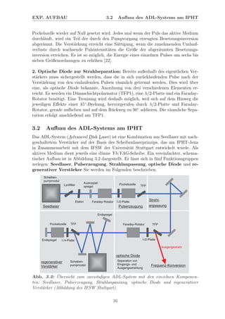 EXP. AUFBAU 3.2 Aufbau des ADL-Systems am IPHT
Pockelszelle wieder auf Null gesetzt wird. Jedes mal wenn der Puls das aktive Medium
durchl¨auft, wird ein Teil der durch den Pumpvorgang erzeugten Besetzungsinversion
abger¨aumt. Die Verst¨arkung erreicht eine S¨attigung, wenn die zunehmenden Umlauf-
verluste durch wachsende Pulsintensit¨aten die Gr¨oße der abger¨aumten Besetzungs-
inversion erreichen. Es ist so m¨oglich, die Energie eines einzelnen Pulses um sechs bis
sieben Gr¨oßenordnungen zu erh¨ohen [22].
2. Optische Diode zur Strahlseparation: Bereits außerhalb des eigentlichen Ver-
st¨arkers muss sichergestellt werden, dass die in sich zur¨ucklaufenden Pulse nach der
Verst¨arkung von den einlaufenden Pulsen r¨aumlich getrennt werden. Dies wird ¨uber
eine, als optische Diode bekannte, Anordnung von drei verschiedenen Elementen er-
reicht. Es werden ein D¨unnschichtpolarisator (TFP1), eine λ/2-Platte und ein Faraday-
Rotator ben¨otigt. Eine Trennung wird deshalb m¨oglich, weil sich auf dem Hinweg die
jeweiligen Eﬀekte einer 45◦
-Drehung, hervorgerufen durch λ/2-Platte und Faraday-
Rotator, gerade aufheben und auf dem R¨uckweg zu 90◦
addieren. Die r¨aumliche Sepa-
ration erfolgt anschließend am TFP1.
3.2 Aufbau des ADL-Systems am IPHT
Das ADL-System (Advanced Disk Laser) ist eine Kombination aus Seedlaser mit nach-
geschaltetem Verst¨arker auf der Basis des Scheibenlaserprinzips, das am IPHT-Jena
in Zusammenarbeit mit dem IFSW der Universit¨at Stuttgart entwickelt wurde. Als
aktives Medium dient jeweils eine d¨unne Yb:YAG-Scheibe. Ein vereinfachter, schema-
tischer Aufbau ist in Abbildung 3.2 dargestellt. Er l¨asst sich in f¨unf Funktionsgruppen
zerlegen: Seedlaser, Pulserzeugung, Strahlanpassung, optische Diode und re-
generativer Verst¨arker Sie werden im Folgenden beschrieben.
Abb. 3.2: ¨Ubersicht zum zweistuﬁgen ADL-System mit den einzelnen Komponen-
ten: Seedlaser, Pulserzeugung, Strahlanpassung, optische Diode und regenerativer
Verst¨arker (Abbildung des IFSW Stuttgart).
16
 