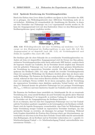 6 DISKUSSION 6.2 Diskussion der Experimente am ADL-System
6.2.2 Spektrale Erweiterung des Verst¨arkungsbereiches
Durch den Einbau eines 2 mm dicken Lyotﬁlters aus Quarz in den Verst¨arker des ADL
ist es gelungen, den Wellenl¨angenbereich einer ASE-freien Verst¨arkung mehr als zu
vervierfachen. Abbildung 6.6 veranschaulicht die Ausdehnung der Bereiche, in denen
mit dem Verst¨arker eine Pulsenergie von 1 mJ experimentell erreicht worden ist. Es
kann der Ausgangszustand (rot) mit dem Endresultat (blau) vor dem Hintergrund des
Seedlaserspektrums (grau) verglichen werden.
Abb. 6.6: Wellenl¨angenbereiche mit einer Verst¨arkung auf mindestens 1 mJ Puls-
energie vor dem Hindergrund des Seedlaserspektrums in grau (nach Abb. 5.8). Der
Ausgangszustand ist rot dargestellt (nach Abb. 5.15), der Verst¨arkungsbereich nach
Einbau des Lyotﬁlters blau (nach Abb. 5.20).
Der Seedlaser gibt die obere Schranke des zu erreichenden Verst¨arkungsbereiches vor.
Anders als beim rot dargestellten Ausgangszustand wird die Grenze des blau gekenn-
zeichneten Verst¨arkungsbereiches nicht durch auftretende ASE limitiert, sondern durch
die begrenzte Anzahl von Uml¨aufen, die im Verst¨arker derzeit m¨oglich sind. Demnach
wird die geforderte Pulsenergie von 1 mJ nur oberhalb eines gewissen Schwellwertes
der Verst¨arkung im regenerativen Verst¨arker erreicht. Ein Blick auf das Emissions-
spektrum des Seedlasers (Abb. 5.8) zeigt, weshalb der erreichte Verst¨arkungsbereich
(blau) der maximalen Wellenl¨ange des Seedlasers deutlich n¨aher kam als dessen mini-
maler Wellenl¨ange. Die Emission des Seedlasers ging oberhalb von 1050 nm schlagartig
zur¨uck, w¨ahrend sie ¨uber einen weiten Bereich zwischen 1016 nm und 1005 nm auf kon-
stant (zu) niedrigem Niveau verblieb. Es ist davon auszugehen, dass die Verst¨arkung
des regenerativen Verst¨arkers einen ¨ahnlichen spektralen Verlauf besitzt, wie Abbil-
dung 5.8. Demnach konnte die geforderte Pulsenergie bei (zu) geringen Verst¨arkungen
(f¨ur λSeed
≤ 1016 nm) und einer limitierten Anzahl von Uml¨aufen nicht erreicht werden.
Die Emission des Seedlasers kann tats¨achlich ein Anhaltspunkt f¨ur die zu erwartende
Verst¨arkung sein, wenn sowohl Seedlaser als auch Verst¨arker das gleiche aktive Material
besitzen. In Abbildung 6.7 ist dargestellt, in welchem Umfang die Anzahl der Uml¨aufe
im Verst¨arker mit der Ausgangsleistung des Seedlasers korreliert.
Es ist zu erkennen, dass bei einer fest vorgegebenen Pulsenergie von 1 mJ die Umlauf-
zahl des Verst¨arkers qualitativ umgekehrt zu der Leistungskurve des Seedlasers verl¨auft.
Damit wird die logische Konsequenz veranschaulicht, dass Pulse bei Wellenl¨angen mit
hoher Verst¨arkung weniger Uml¨aufe im regenerativen Verst¨arker ben¨otigen, um eine
gew¨unschte Energie zu erreichen, als diejenigen bei geringer Verst¨arkung. W¨ahrend
beide Graphen hinsichtlich der Position ihrer Extrema relativ gut ¨ubereinstimmen, un-
terscheiden sie sich etwas in der Form ihres Verlaufs. Grund daf¨ur sind die unterschiedli-
chen Bedingungen, die im Seedlaser und im Verst¨arker vorherrschen (cw ↔ gepulst; 2×
Scheibendurchgang/Umlauf ↔ 8× Scheibendurchgang/Umlauf; unterschiedliche reso-
natorinterne Verluste; . . . ).
62
 
