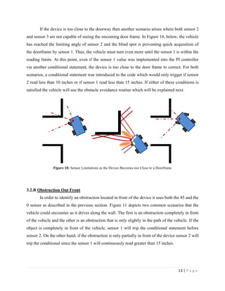13 | P a g e
If the device is too close to the doorway then another scenario arises where both sensor 2
and sensor 3 are not capable of seeing the oncoming door frame. In Figure 10, below, the vehicle
has reached the limiting angle of sensor 2 and the blind spot is preventing quick acquisition of
the doorframe by sensor 1. Thus, the vehicle must turn even more until the sensor 1 is within the
reading limits. At this point, even if the sensor 1 value was implemented into the PI controller
via another conditional statement, the device is too close to the door frame to correct. For both
scenarios, a conditional statement was introduced to the code which would only trigger if sensor
2 read less than 10 inches or if sensor 1 read less than 15 inches. If either of these conditions is
satisfied the vehicle will use the obstacle avoidance routine which will be explained next.
Figure 10: Sensor Limitations as the Device Becomes too Close to a Doorframe
3.2.B Obstruction Out Front
In order to identify an obstruction located in front of the device it uses both the 45 and the
0 sensor as described in the previous section. Figure 11 depicts two common scenarios that the
vehicle could encounter as it drives along the wall. The first is an obstruction completely in front
of the vehicle and the other is an obstruction that is only slightly in the path of the vehicle. If the
object is completely in front of the vehicle, sensor 1 will trip the conditional statement before
sensor 2. On the other hand, if the obstruction is only partially in front of the device sensor 2 will
trip the conditional since the sensor 1 will continuously read greater than 15 inches.
 