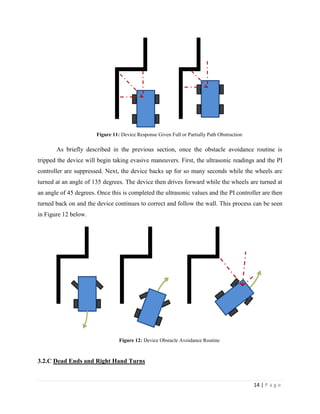 14 | P a g e
Figure 11: Device Response Given Full or Partially Path Obstruction
As briefly described in the previous section, once the obstacle avoidance routine is
tripped the device will begin taking evasive maneuvers. First, the ultrasonic readings and the PI
controller are suppressed. Next, the device backs up for so many seconds while the wheels are
turned at an angle of 135 degrees. The device then drives forward while the wheels are turned at
an angle of 45 degrees. Once this is completed the ultrasonic values and the PI controller are then
turned back on and the device continues to correct and follow the wall. This process can be seen
in Figure 12 below.
Figure 12: Device Obstacle Avoidance Routine
3.2.C Dead Ends and Right Hand Turns
 