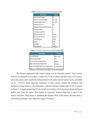 6 | P a g e
Table 3: Arduino Uno Factory Specifications [4]
Table 4: Ultrasonic Sensor Factory Specifications [5]
The second component of the control system was the ultrasonic sensors. These sensors
work by recording the time it takes a sound wave to hit an object and then return to the sensor.
Given the sensors pulse speed, the distance between the object and the sensor can be calculated
via D = V*(T/2). Some important limitations of these sensors include the minimum and
maximum sensing distances, the field pattern, and the maximum reading angle of 45. As shown
in Figure 3, at angles greater than 45 the sound waves bounce off of oncoming objects and travel
further away from the sensor. This returns an inaccurate distance value that is equal to the
sensors maximum, three meters. Considering the distance limits of the sensor, the team chose a
wall following distance well within this range of 18 inches.
Parameter Value
Operating Voltage 5V
Nominal Input Voltage 7V - 12V
Input Voltage (limits) 6V - 20V
# Digital I/O Pins 14
# Digital Pins w/ PWMOutput 6
# Interupt Pins 2
# Analog Input Pins 6
DC Current I/O Pins 40 mA
DC Current 3.3V Pin 50 mA
Flash Memory 32 KB
SRAM 2 KB
EEPROM 1 KB
Clock Speed 16 MHz
Parameter Value
Sensing Range 2cm - 3m
Operating Voltage 5V
Nominal Operating Current 30 mA
Maximum Operating Current 35 mA
Nominal PWMInput Pulse (high time) 2 miliseconds
Maximum PWMInput Pulse (high time) 5 miliseconds
 