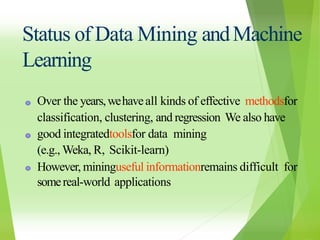 Status of Data Mining andMachine
Learning
Over the years,wehaveall kinds of effective methodsfor
classification, clustering, and regression We also have
good integratedtoolsfor data mining
(e.g., Weka, R, Scikit-learn)
However, mininguseful informationremains difficult for
somereal-world applications
 