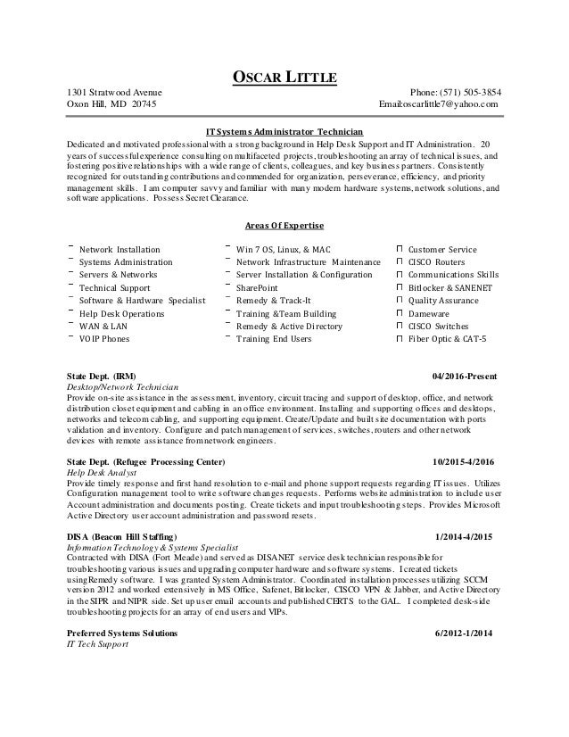 oscar little resume it systems administrator technician resume it technician