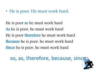 so, as, therefore, because, since
• He is poor. He must work hard.
He is poor so he must work hard
As he is poor, he must work hard
He is poor therefore he must work hard
Because he is poor, he must work hard
Since he is poor, he must work hard
 