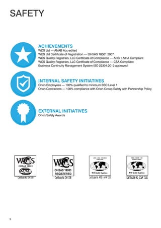SAFETY
ACHIEVEMENTS
WCS Ltd — ANAB Accredited
WCS Ltd Certificate of Registration — OHSAS 18001:2007
WCS Quality Registrars, LLC Certificate of Compliance — ANSI / AIHA Compliant
WCS Quality Registrars, LLC Certificate of Compliance — CSA Compliant
Business Continuity Management System ISO 22301:2012 approved
EXTERNAL INITIATIVES
Orion Safety Awards
INTERNAL SAFETY INITIATIVES
Orion Employees — 100% qualified to minimum BSC Level 1
Orion Contractors — 100% compliance with Orion Group Safety with Partnership Policy
5
 