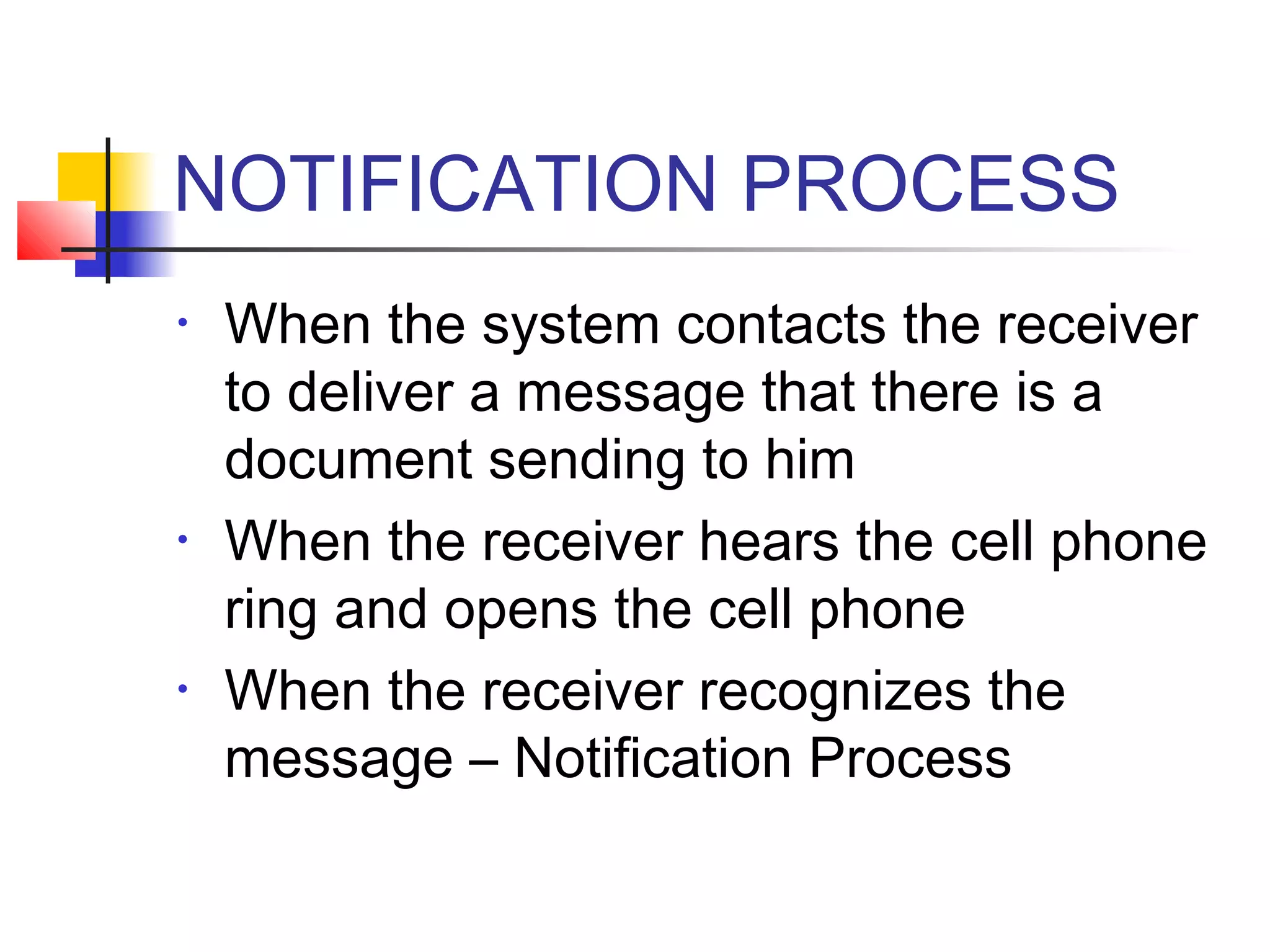 NOTIFICATION PROCESS
• When the system contacts the receiver
to deliver a message that there is a
document sending to him
• When the receiver hears the cell phone
ring and opens the cell phone
• When the receiver recognizes the
message – Notification Process
 