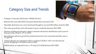 • Category: Consumer Electronics- Mobile Devices
• Between the years 2014-2015 Consumer Electronics increased 2.8%
• Wearable electronics are a new trend and thought to succeed 300 million units by 2020
• The value growth has and will remain to grow modestly between 2015-2020.
• Internet retailing has become a major consumer electronics distribution and is seen to
keep growing. (It grew 13% in 2015)
• Smartphones add new growth for products/services to be connected and they seen a
7% growth
• Feature phones are expected to fall at a volume CAGR of -18% over the forecast
period, dropping to 10 million units in 2020.
• Mobile phone ar expected to see a .3% drop in CAGR between 2015-2020
Category Size and Trends
 