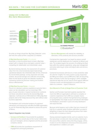 USiNg CX to MatURe
Big Data MaNageMeNt
So what six things should the ‘Big Data Collective’ consi-
der from the outset of their corporate CX initiative:
#1 Big Data Success Factor - Enculturate
Assemble a cross-functional team to lead a Big Data
project with a singular focus and goal; customer value –
compelling for stakeholder and shareholder value.
By democratising interests, the assessment of customer
value from the cross-functional project team brings
operational datasets into a federated state of One, enhanced
by social media postings, survey responses and web
reviews. Structured storage and collection ensures Big
Data has the facets to parse the datasets needed to
commence enhancing decision making and frontline
service effectiveness.
#2 Big Data Success Factor - Integrate
Focus on a desired customer experience outcome that a
value can be calculated, such as reversing a 10%
year-on-year reduction in lapsed maintenance contracts.
Let these calculations become the desired Big Data
objective, it will become an ROI statement. Many Big Data
projects stall or fail simply because they start without clear
business objectives.
The feedback and connected analysis of customers’
interactions and experiences will allow the B2B organisation
to use the federated Big Data dataset to assess the points
of failure.
Typical integration may include:
• Surveys and feedback may provide the qualitative
response to the overall value of the human relationship
(account managers, service engineers and the perceived
company culture)
• CRM will provide the quantitative assessment of
engagement and buying behaviour
BIG DATA – THE CASE FOR CUSTOMER EXPERIENCE
• Service Management will overlay the reliability, or
otherwise, of the products and services provided
Combined the organisation can begin to assess overall
satisfaction and the likelihood of a customer to detract and
why. The analysis begins the process of rectifying the fault
lines within the customer experience, using case management
and action planning to revise and adjust sales and service
processes.
Combined businesses will move to a more predictive state
of customer insights. For many sectors survey responses
are falling and metrics, such as NPS and C-SAT, are becoming
static moments in time and by bringing in other available
operational data that can be used to trend against different
customer events and demographics to predict the true
state of a customer – loyal or detractor.
Zero Moment of Truth, A Single Pane of Customer Truth
Gartner and Forrester have both publicly reported that
more than 85% of organisations will look to compete on
customer experience from 2016 but compete means
ensuring that every customer facing/interacting employee
or representative has simple access to all relevant information
and feedback, presented in quick and easy dashboard
and report formats.
Because what happens next is often that zero moment of
truth for a customer when frontline staff either succeed in
delighting or leave the client despairing about their relati-
onship with a company or brand.
Having reversed negative trends, such as customer churn,
the next phase is to become more proactive, listening to
the voice of the customer every time they engage, online,
in-store or on the telephone and ensure that every event
and experience is visible to act upon.
USiNg CX to MatURe
Big Data MaNageMeNt
BIG	
  
DATA	
  
S	
  
M
S	
  
SILOED	
  LOB	
  REQUESTS	
  
Legacy	
  Systems	
  
	
  
Proprietary	
  Applica>ons	
  
	
  
Enterprise	
  Solu>ons	
  
(CRM,	
  ERP,	
  Service	
  Desk,	
  Finance	
  etc.)	
  
	
  
Custom	
  Databases	
  
(Access,	
  MySQL	
  etc.)	
  
	
  
Feedback	
  Systems	
  
	
  
Other	
  
S	
  
SALES	
  
&	
  
MKTG	
  
BUSINESS	
  MONITORING	
  
Feedback	
  
Customer	
  
Experience	
  
Survey	
  
Score	
  
System
s	
  
Onlin
e	
  
On-­‐
Mobi
le	
  
In-­‐
Store	
  
Single	
  
Pane	
  of	
  
Customer	
  
Truth	
  
Channel	
  
BUSINESS	
  CHANGE	
  
ADAPTIVE	
  CUSTOMER	
  CENTRICITY	
  
BUSINESS	
  INSIGHTS	
  
	
  
Mone>sed	
  	
  
Insights	
  
£	
  $	
  €	
  
Retain	
  &	
  Grow	
  
Mone>sed	
  	
  
Insights	
  
Data	
  
Syste
ms	
  
Proces
ses	
  
BUSINESS	
  OPTIMISATION	
  
INTEGRATION	
  
	
  
CX	
  CHANGE	
  PROCESS	
  
CXEvolu>on™	
  
BIG	
  DATA	
  MODEL	
  =	
  CX	
  MATURITY	
  
 