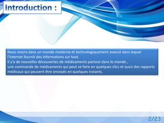 2/23
Nous vivons dans un monde moderne et technologiquement avancé dans lequel
l'internet fournit des informations sur tout.
Il y'a de nouvelles découvertes de médicaments partout dans le monde ,
une commande de médicaments qui peut se faire en quelques clics et aussi des rapports
médicaux qui peuvent être envoyés en quelques instants.
 