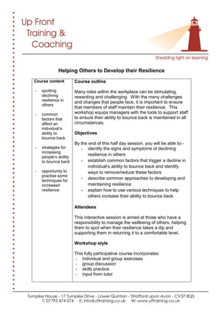 Helping Others to Develop their Resilience
Course content
- spotting
declining
resilience in
others
- common
factors that
affect an
individual’s
ability to
bounce back
- strategies for
increasing
people’s ability
to bounce back
- opportunity to
practise some
techniques for
increased
resilience
Course outline
Many roles within the workplace can be stimulating,
rewarding and challenging. With the many challenges
and changes that people face, it is important to ensure
that members of staff maintain their resilience. This
workshop equips managers with the tools to support staff
to ensure their ability to bounce back is maintained in all
circumstances.
Objectives
By the end of this half day session, you will be able to:-
- identify the signs and symptoms of declining
resilience in others
- establish common factors that trigger a decline in
individual’s ability to bounce back and identify
ways to remove/reduce these factors
- describe common approaches to developing and
maintaining resilience
- explain how to use various techniques to help
others increase their ability to bounce back
Attendees
This interactive session is aimed at those who have a
responsibility to manage the wellbeing of others, helping
them to spot when their resilience takes a dip and
supporting them in returning it to a comfortable level.
Workshop style
This fully participative course incorporates:
- individual and group exercises
- group discussion
- skills practice
- input from tutor
 